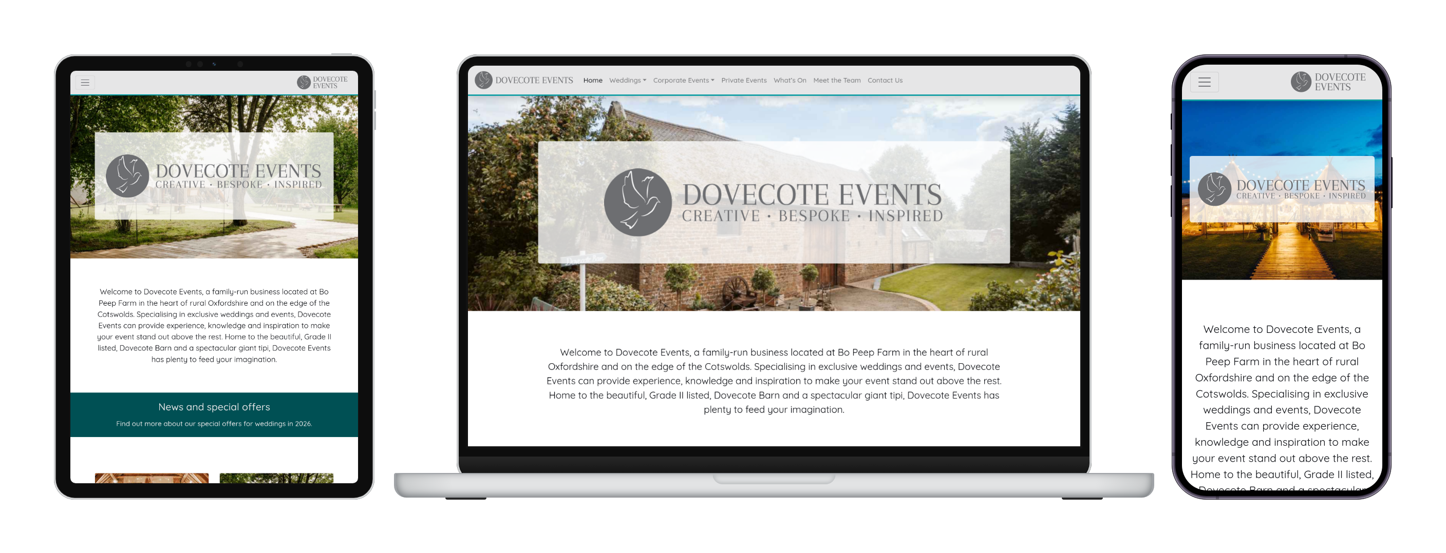 The Dovecote Events website shown on tablet, laptop and phone