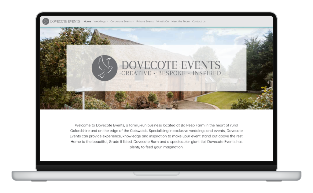 The Dovecote Events website shown on a laptop
