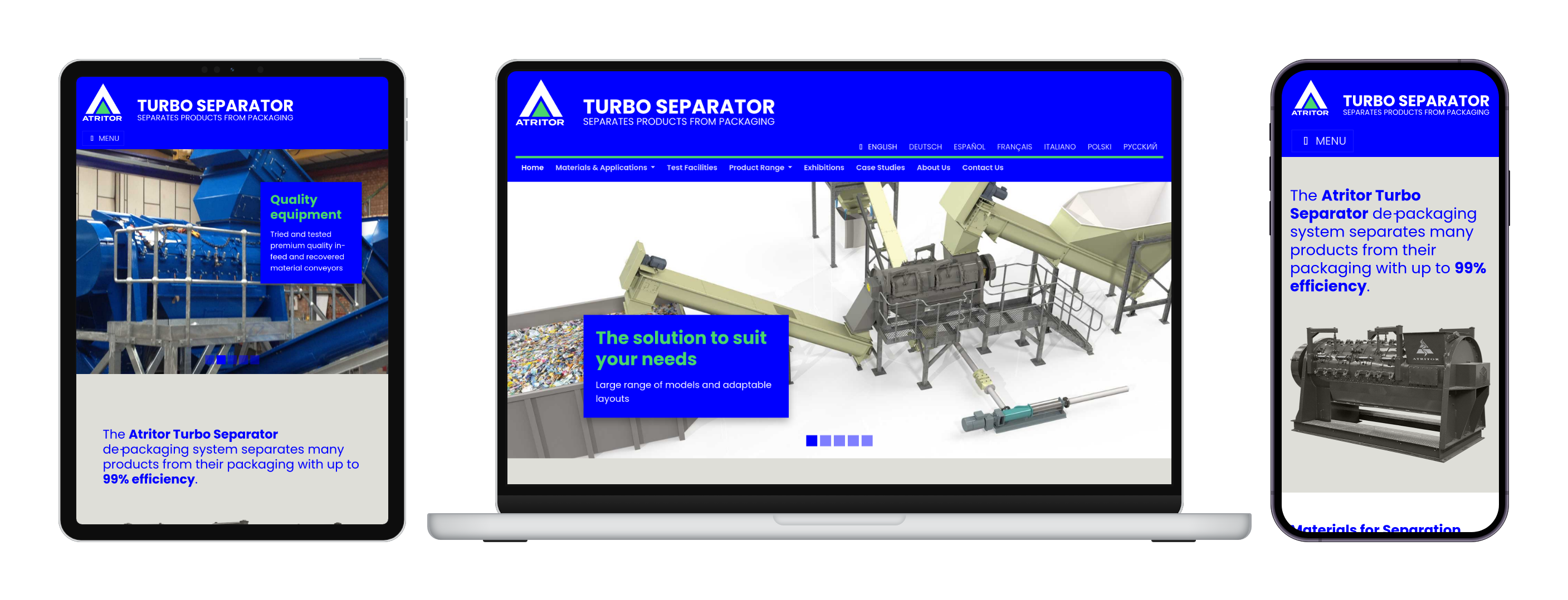 The Turbo Separator website shown on tablet, laptop and phone