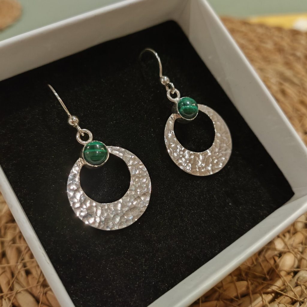 Hammered crescent earrings with malachite