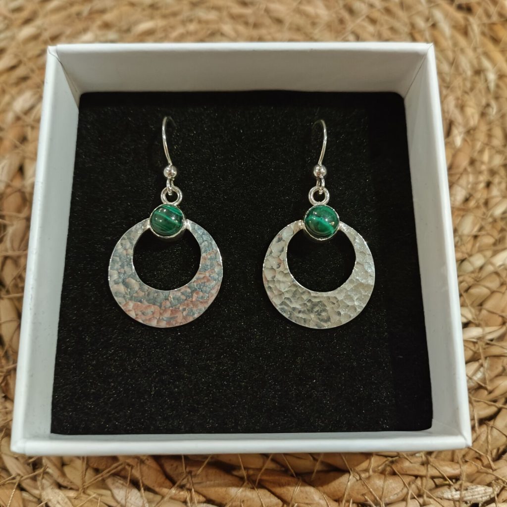 Hammered crescent earrings with malachite
