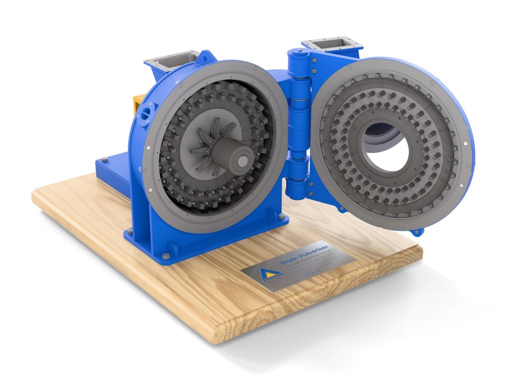 The model with both doors open, showing the rotor and the liner plates inside