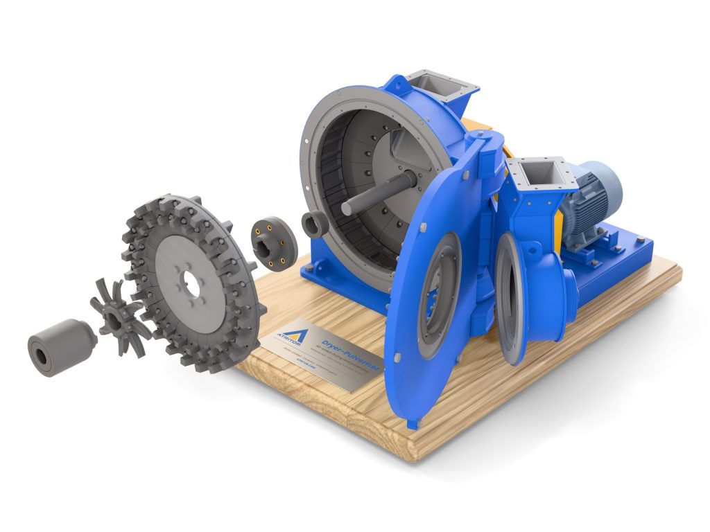 The rotor, hub and fan drawn out of the open machine along the shaft axis